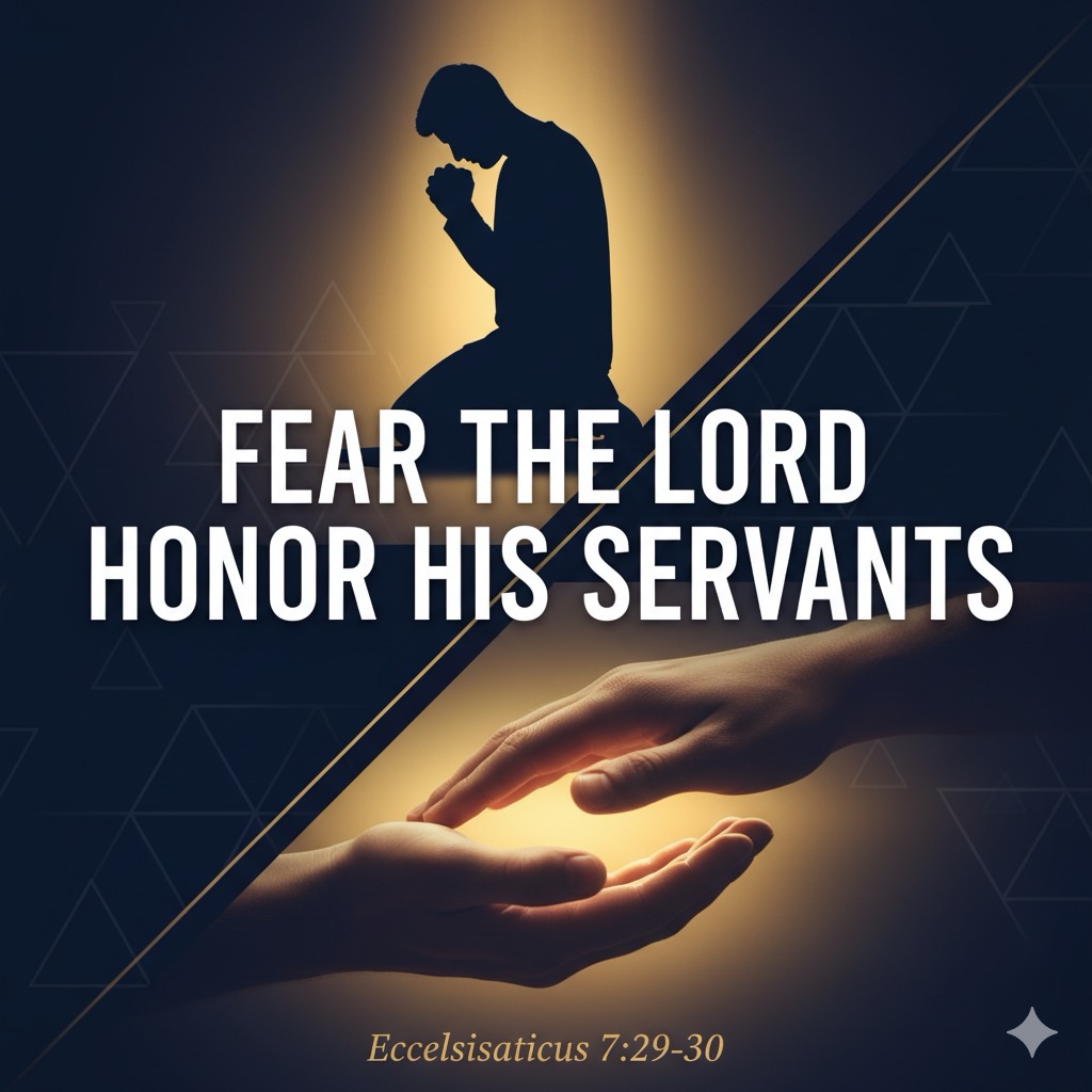 Split image showing prayer silhouette above and supportive hands below with Ecclesiasticus 7:29-30 text overlay