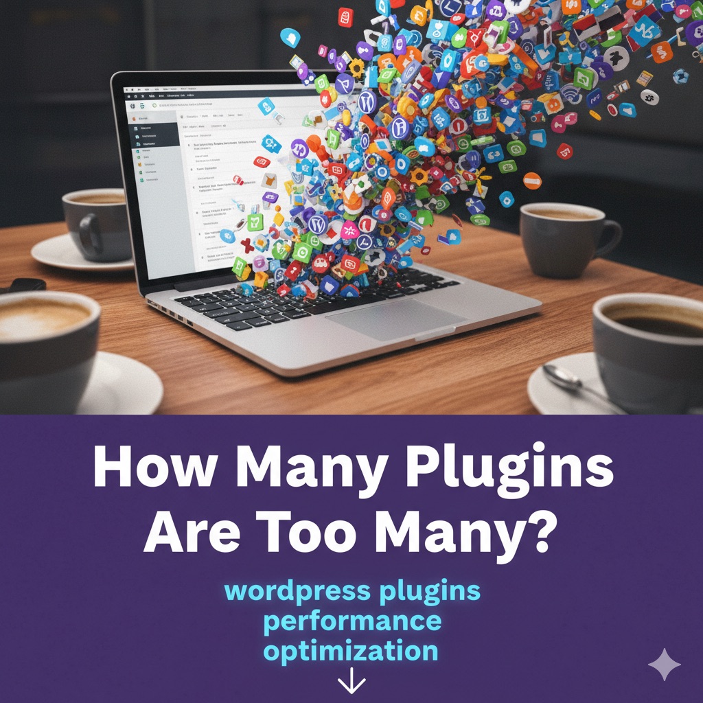 WordPress dashboard overflowing with plugin icons spilling out of a laptop screen
