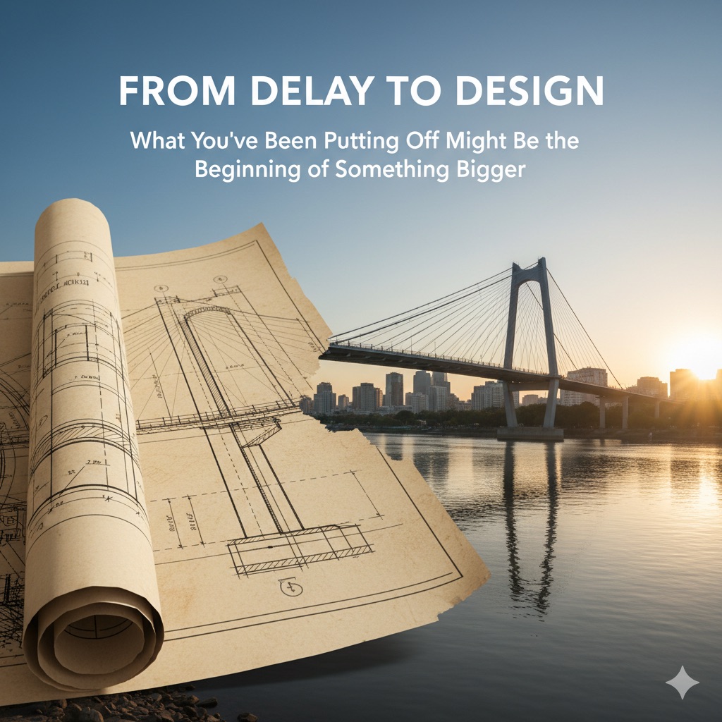 Blueprint merging into a bridge, illustrating the shift from delay to deliberate action.