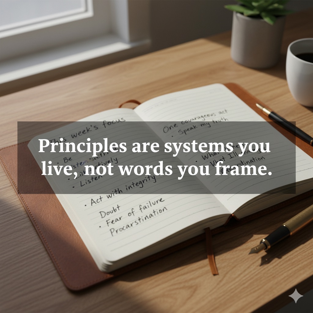 Open notebook with notes on focus, courage, and integrity symbolising lived principles.