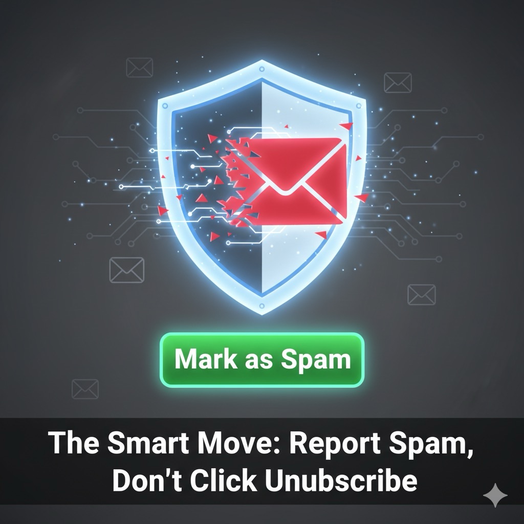 Shield blocking a red spam email with a glowing “Mark as Spam” button and safety message.