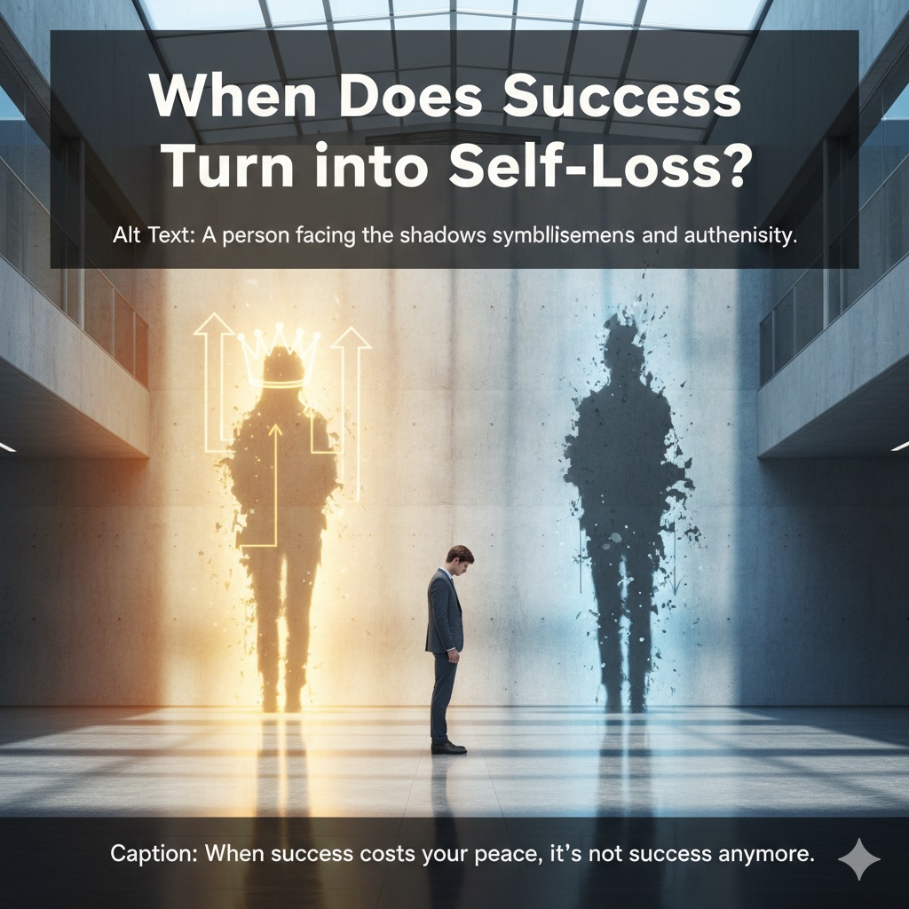 A person facing dual shadows symbolizing the tension between achievement and authenticity.