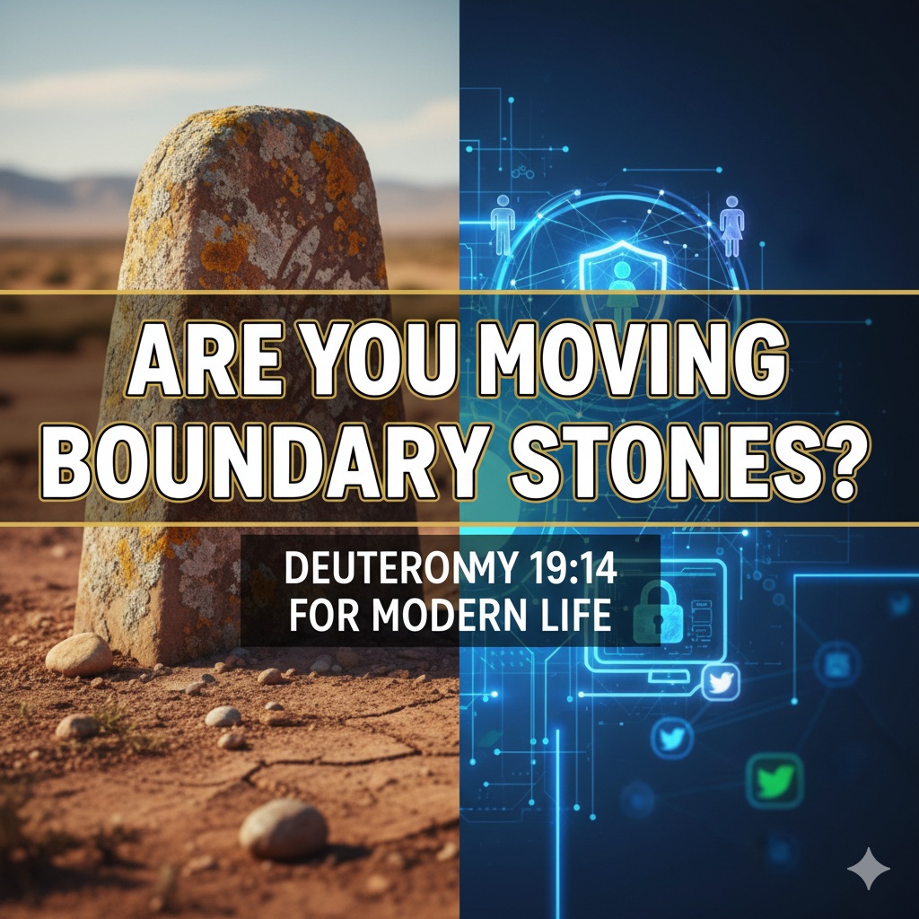 Split image showing ancient boundary stone on left and digital privacy symbols on right with text overlay