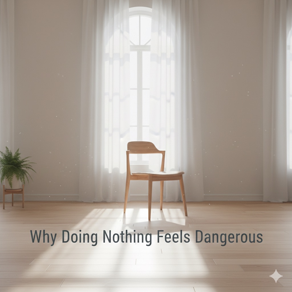 Empty chair beside window in warm light symbolizing stillness and guilt about rest.