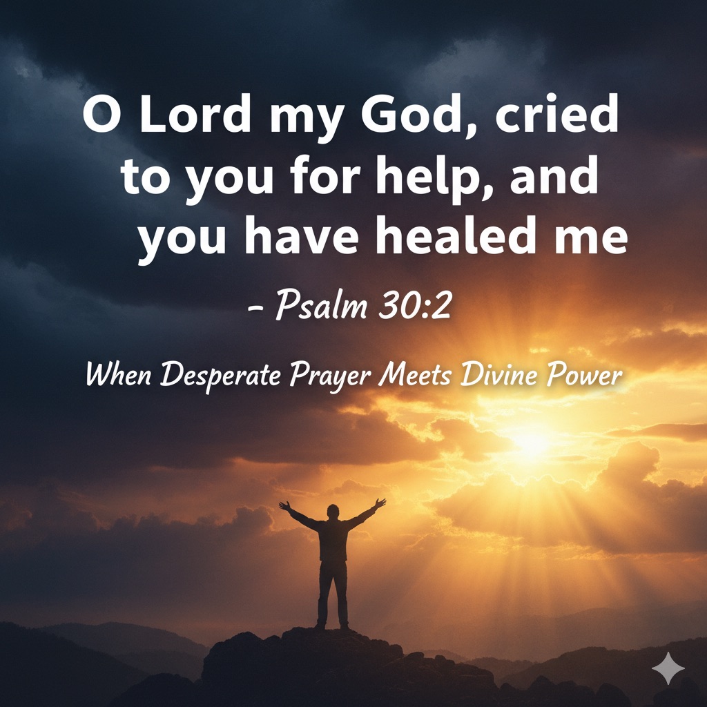 Silhouette praying on a mountain at sunrise with Psalm 30:2 text: "O Lord my God, I cried to you for help, and you have healed me."