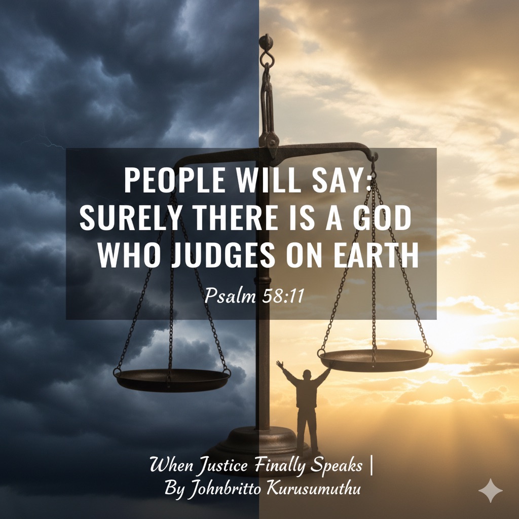 Vertical graphic: Dark storm vs. bright dawn, justice scales, silhouette of a person, Psalm 58:11 text.