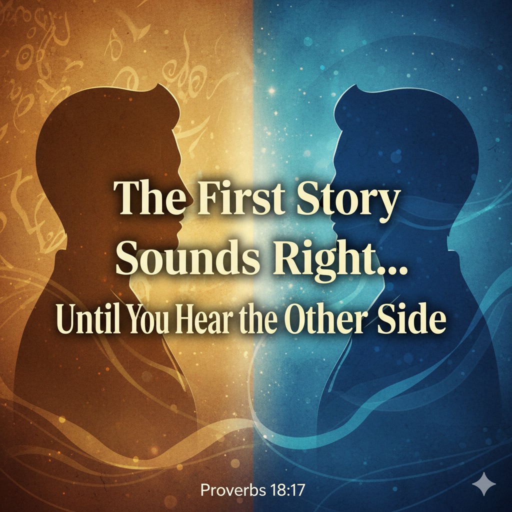 Split-screen graphic showing two people in conversation representing Proverbs 18:17 teaching on hearing both sides before judging