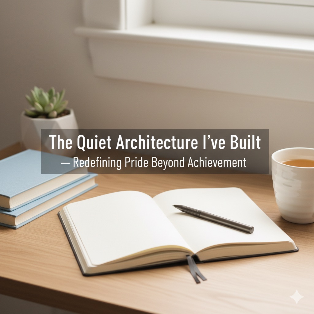 Minimalist wooden desk with an open journal, pen, succulent, and tea. Overlay text: “The Quiet Architecture I’ve Built — Redefining Pride Beyond Achievement.”