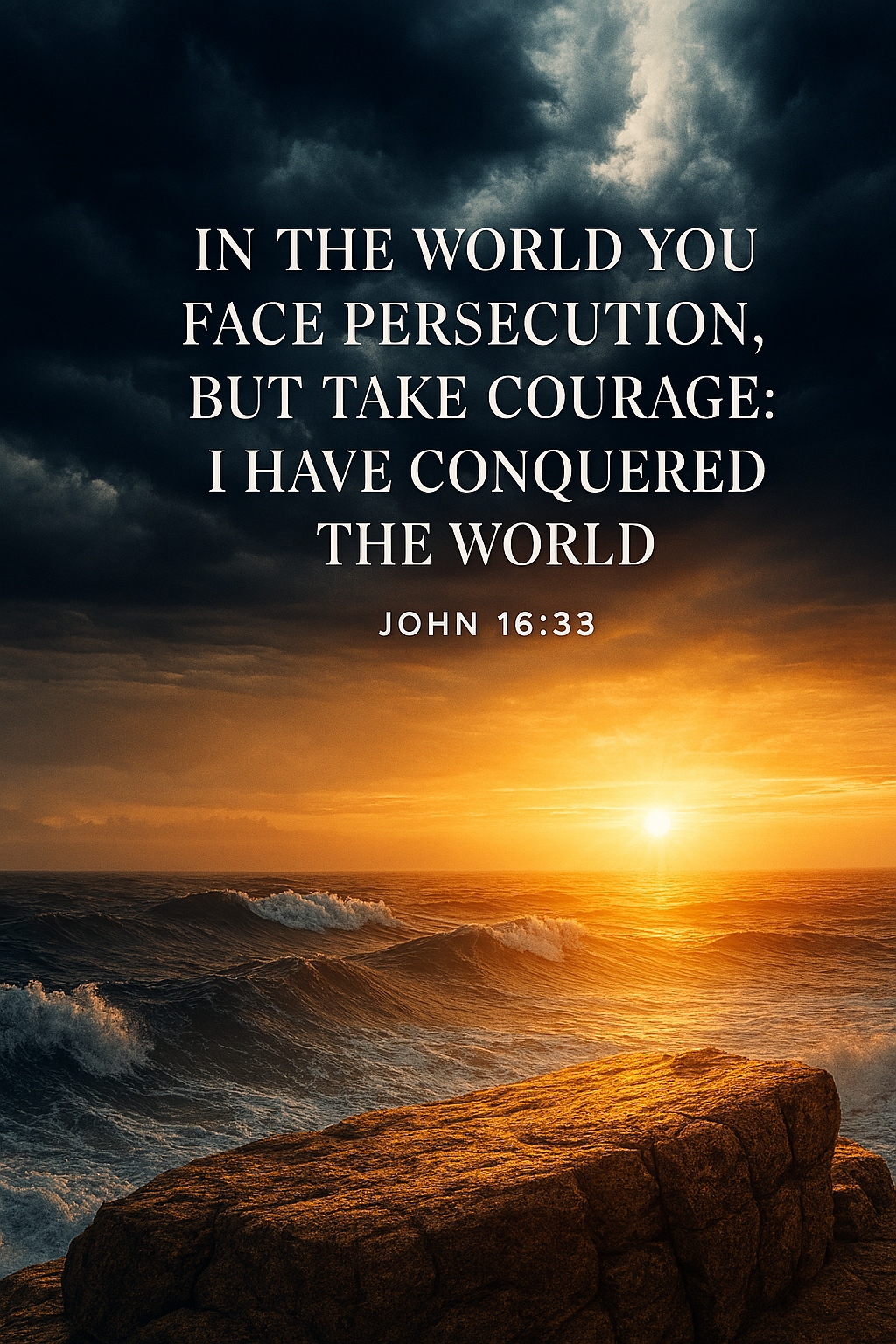 Vertical graphic showing stormy waves above and golden sunrise below with biblical text about persecution and courage.