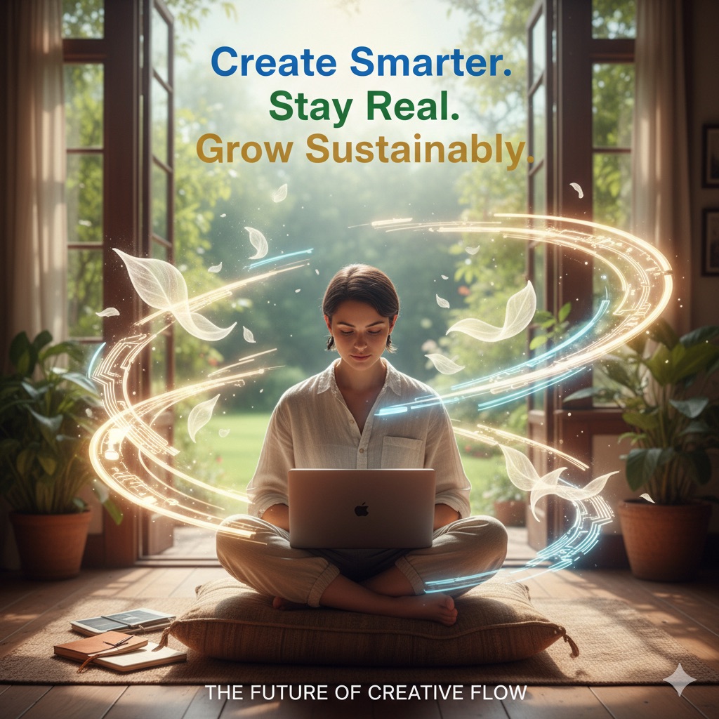 Person creating with laptop and notebook surrounded by AI-inspired light trails blending into organic shapes.