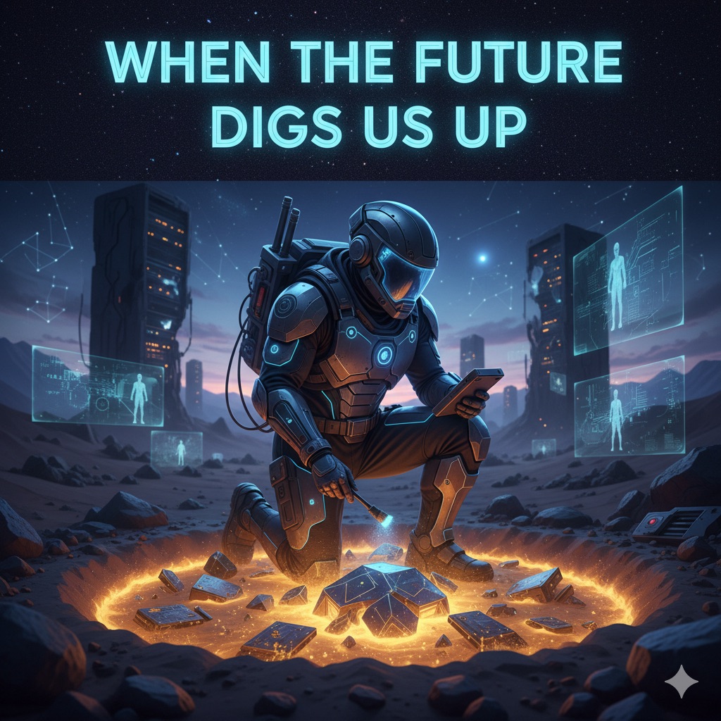 Archaeologist uncovering glowing data fragments symbolising modern memory