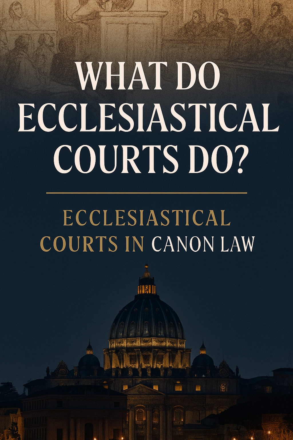 Vertical graphic depicting ancient courtroom blending into modern Vatican, with text on ecclesiastical courts and canon law’s hidden system.
