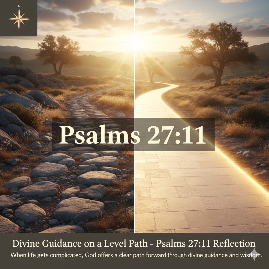 Winding rocky path transitions to a straight illuminated path with morning light and scripture verse overlay