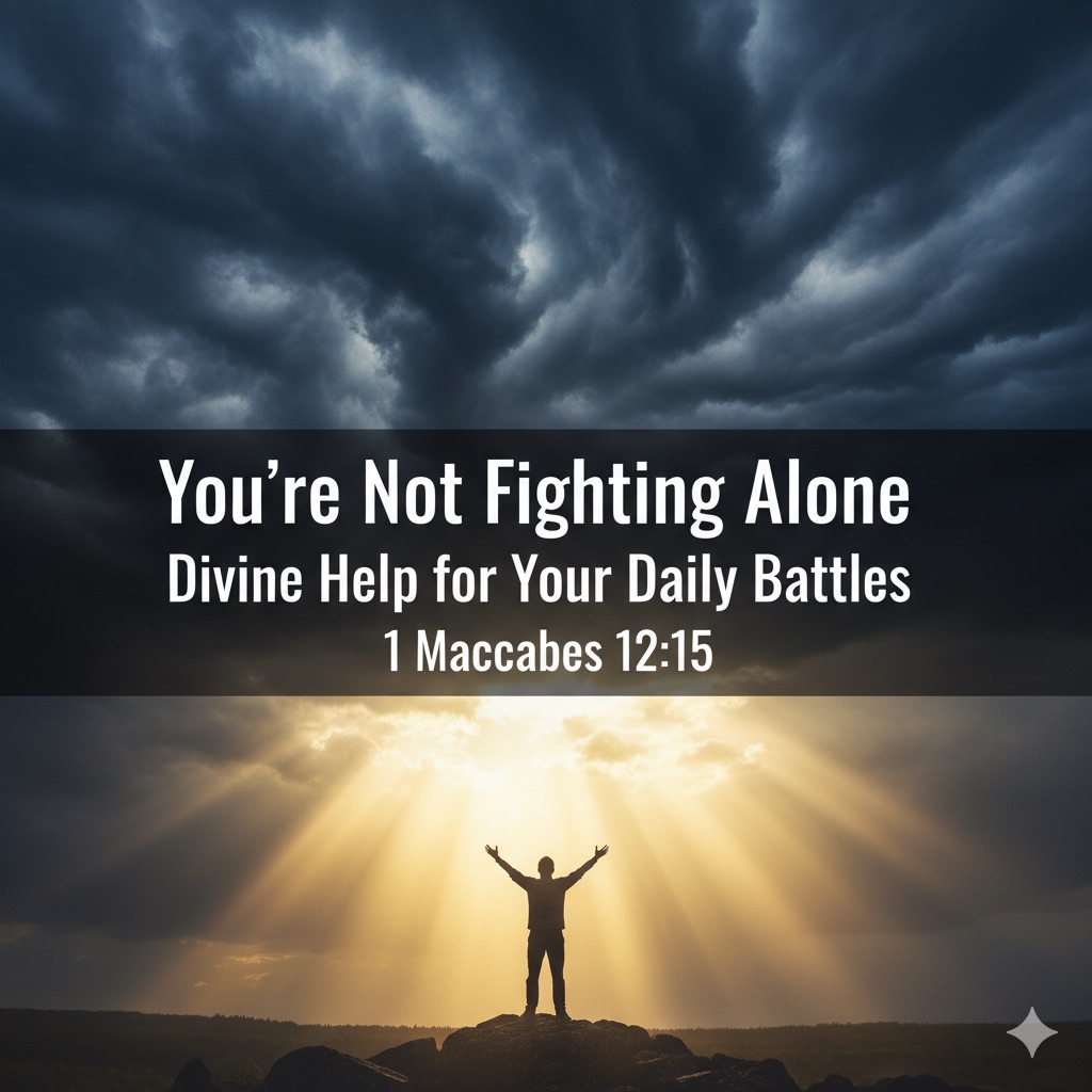 Person silhouette looking up at golden light breaking through dark storm clouds representing heavenly assistance