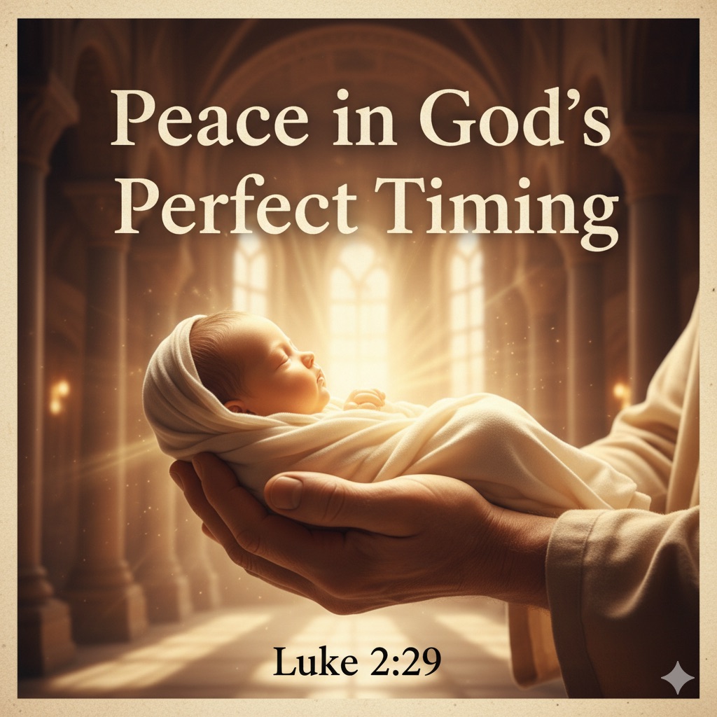 Aged hands cradling glowing infant in temple setting illustrating Simeon’s peaceful encounter with baby Jesus