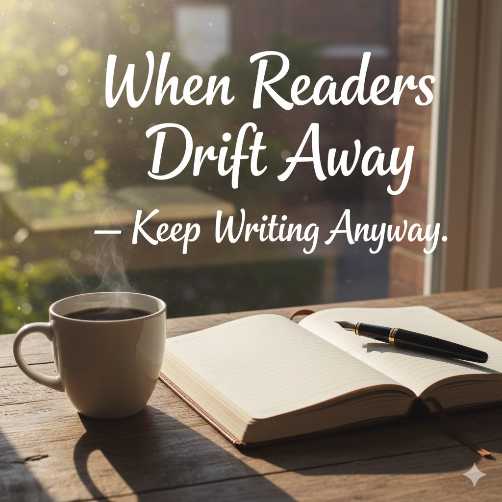 Open notebook and coffee cup on a desk with sunlight symbolising writing perseverance