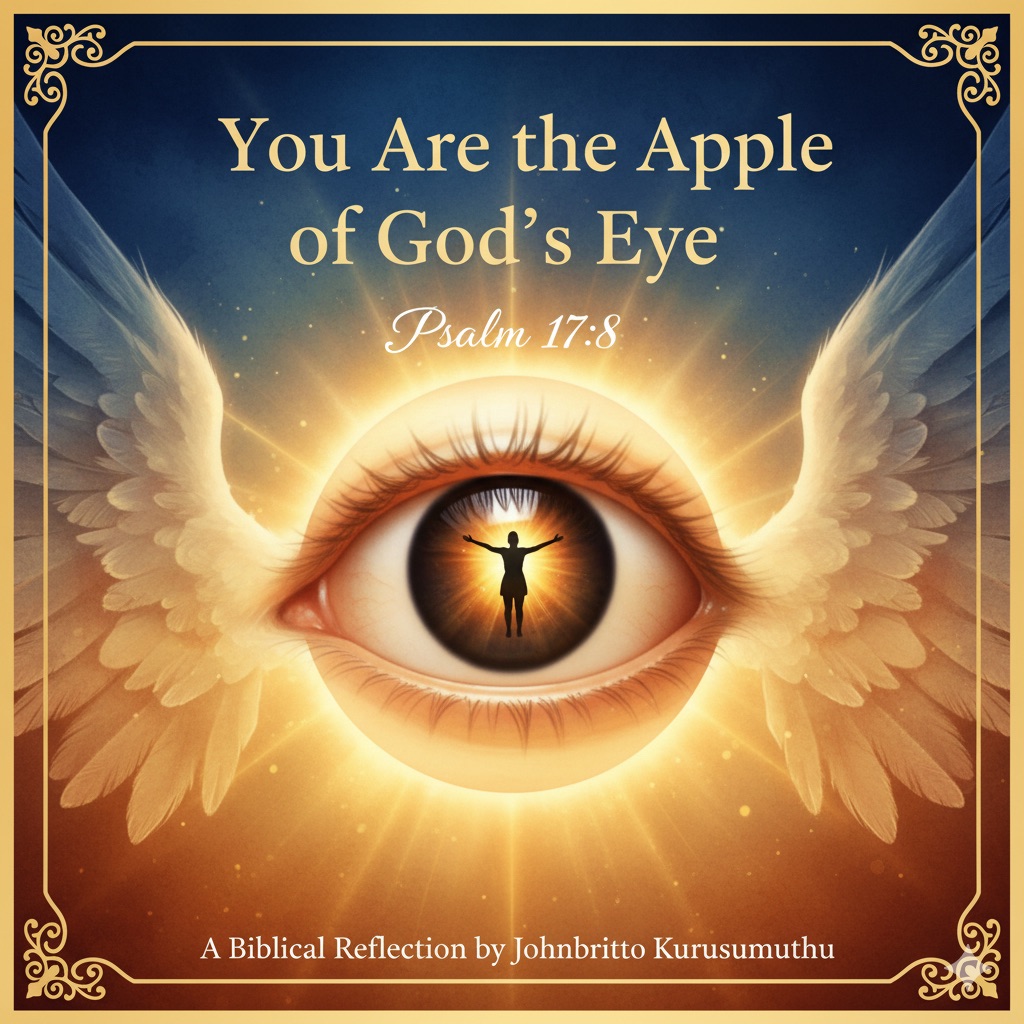 Human eye close-up with tiny figure reflected in pupil, surrounded by golden light and ethereal wing feathers illustrating Psalm 17:8