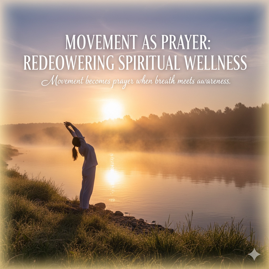 A person stretching near the river at sunrise represents mindful movement and spiritual wellness.