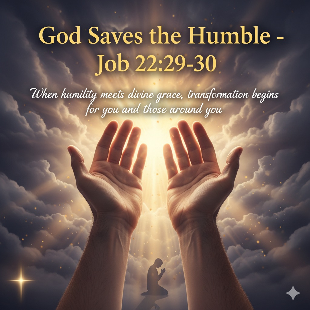 Hands raised in surrender with golden light breaking through storm clouds illustrating biblical humility and salvation