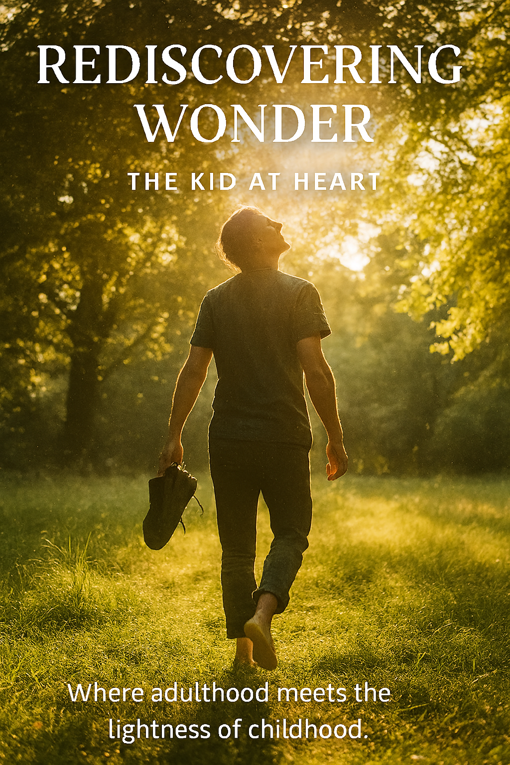Adult walking barefoot through sunlight, symbolising childlike wonder and renewal.