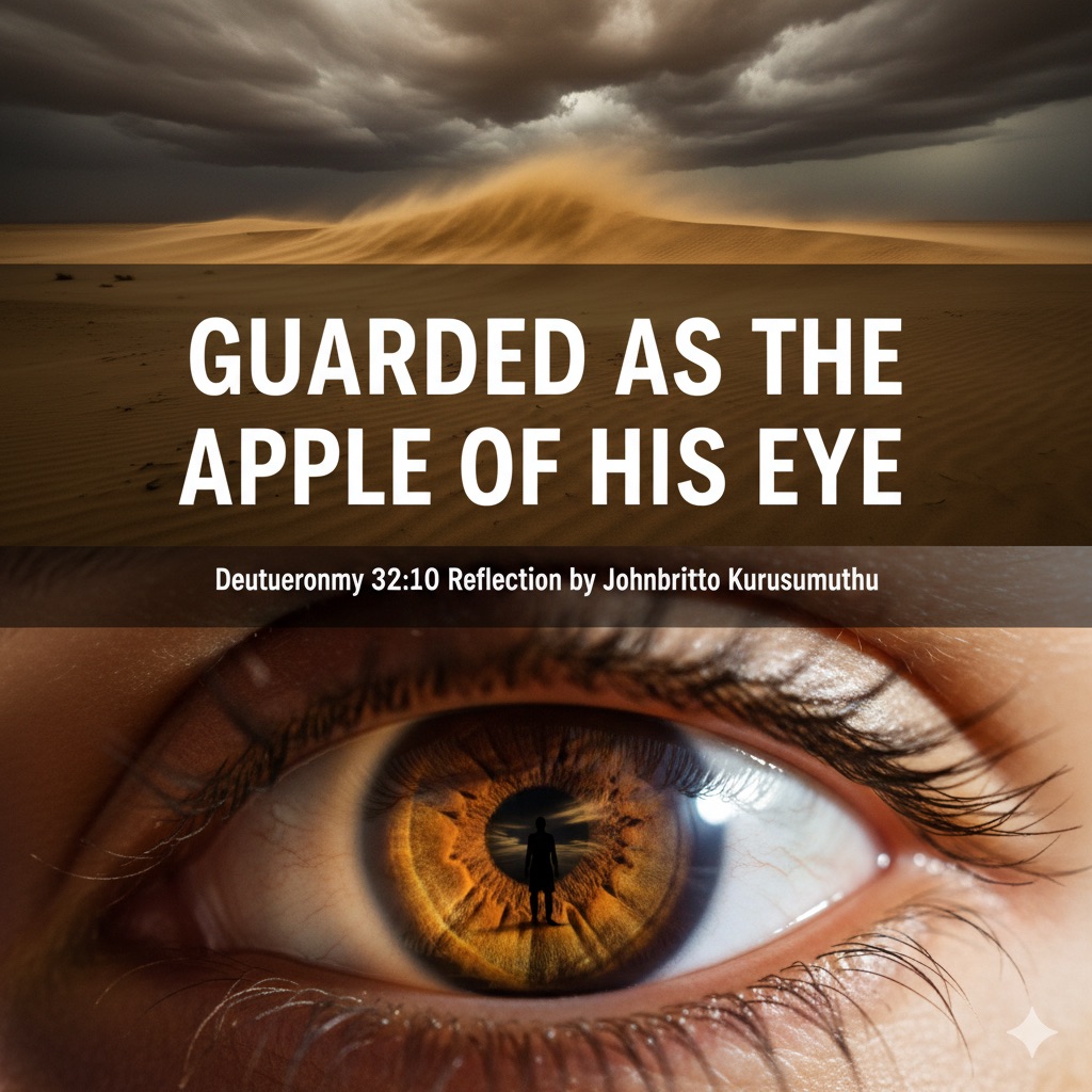 Split image showing desert wilderness and human eye reflection illustrating being guarded as apple of God’s eye concept