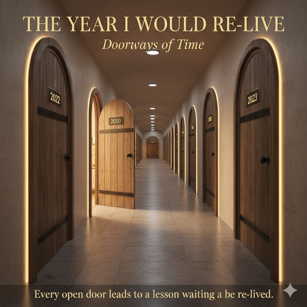 hallway of softly lit doors labelled by years, one door open with light spilling through