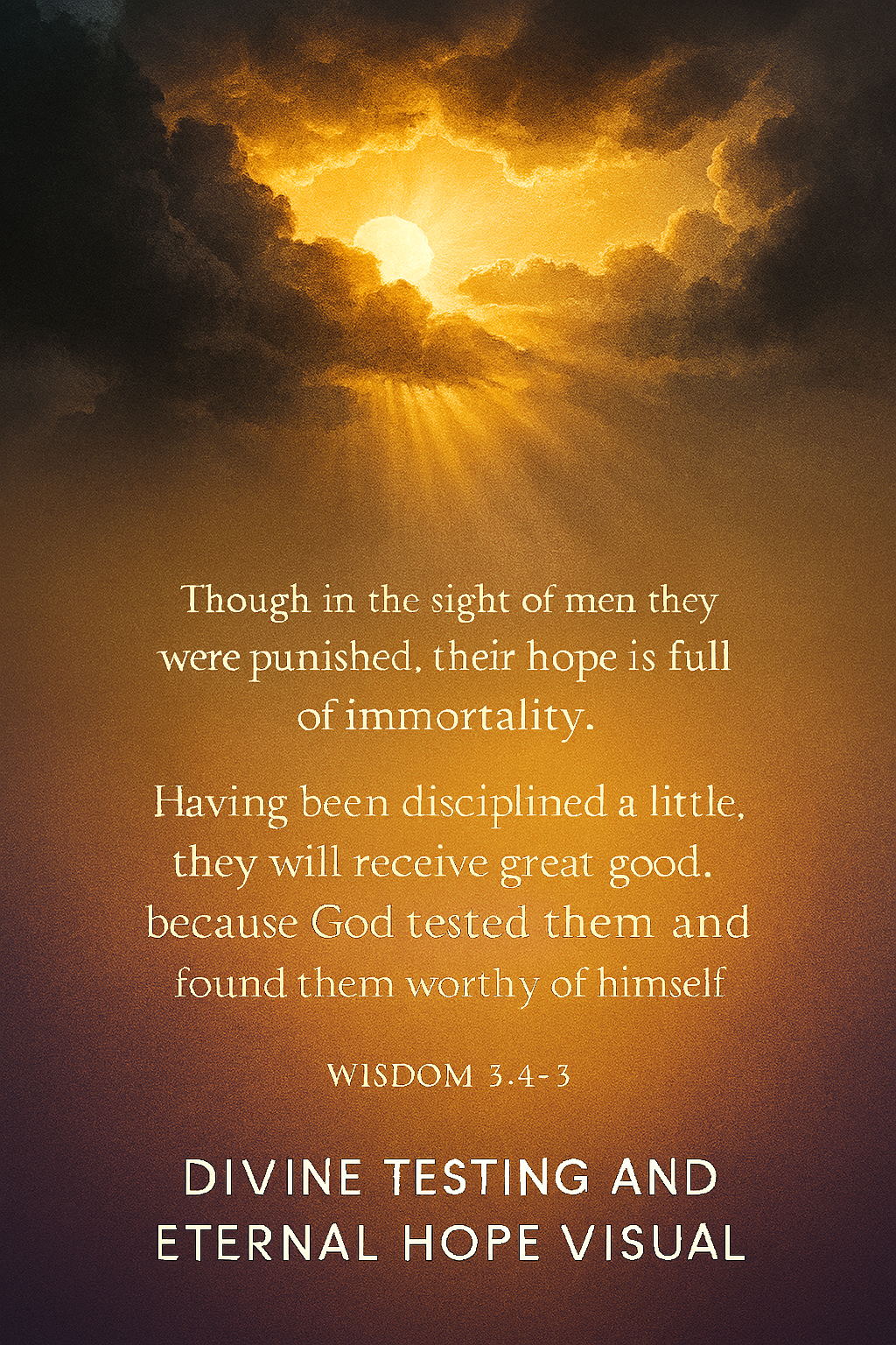 Storm clouds parting with golden sunrise rays and Wisdom 3:4-5 verse text about suffering and immortality displayed