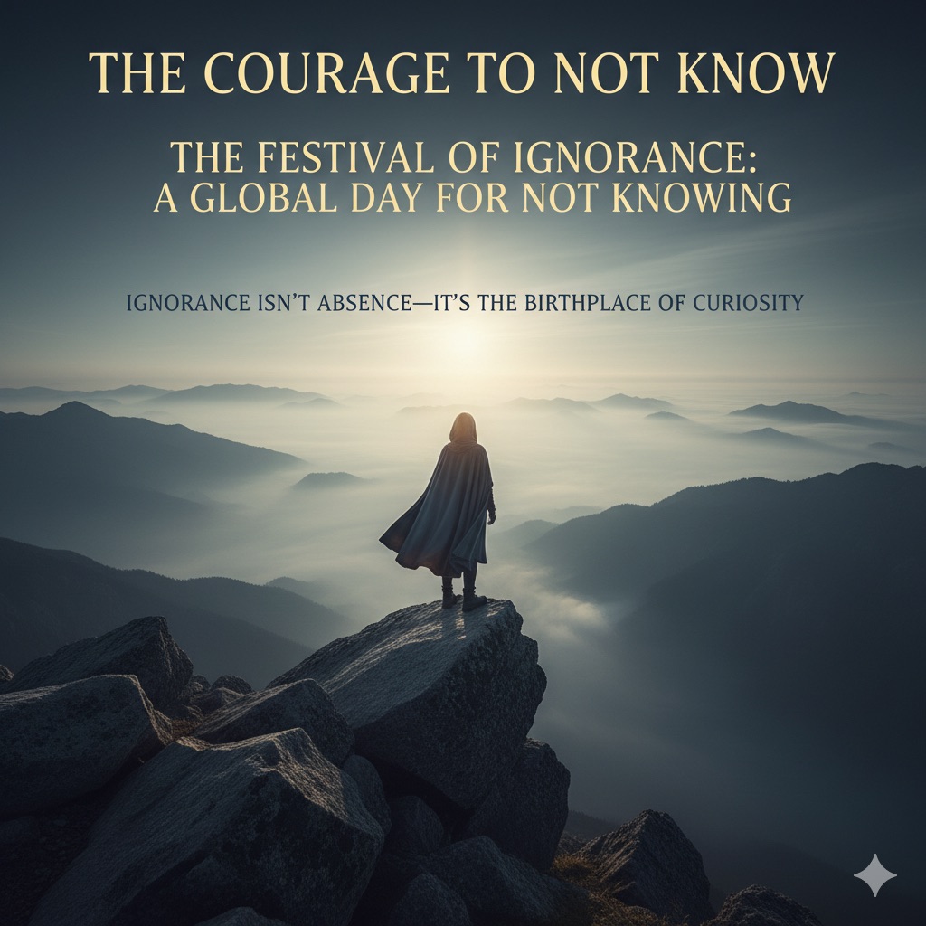 Person standing on a misty mountain symbolizing curiosity and the unknown.