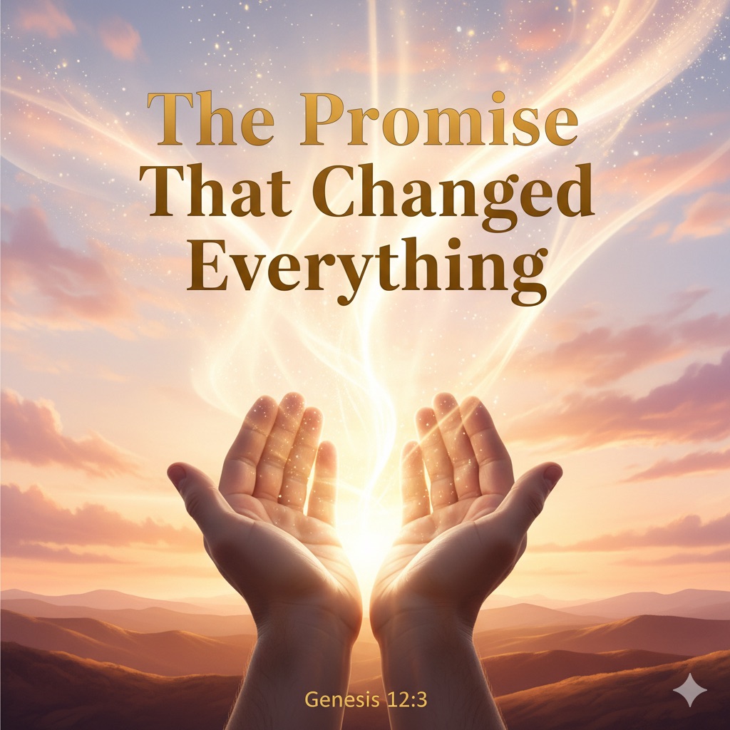 Hands releasing golden light upward at dawn representing God’s blessing through Abraham in Genesis 12:3