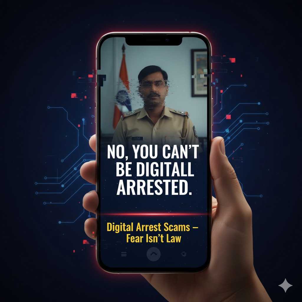 Smartphone showing fake officer video call warning about a digital arrest scam
