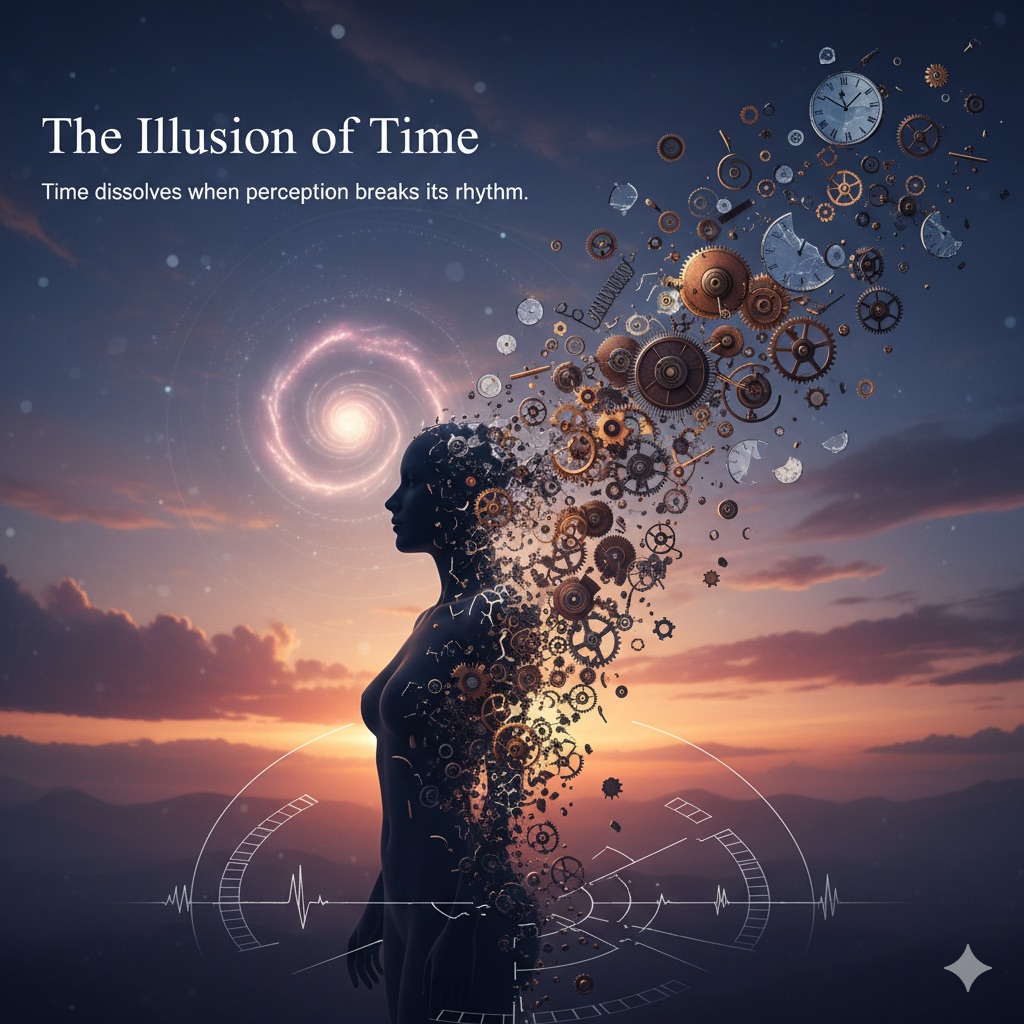human silhouette dissolving into broken clock fragments symbolising time illusion