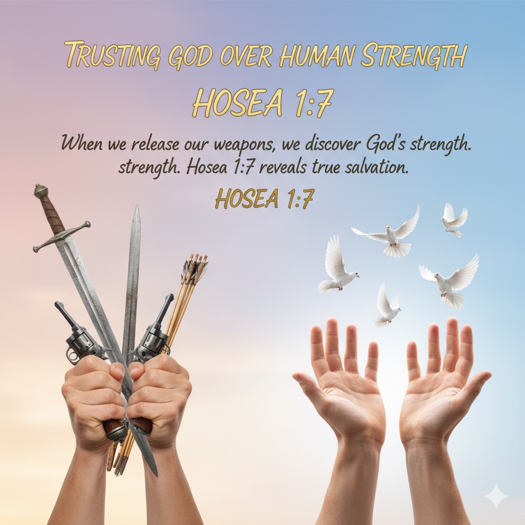 Contrast image showing clenched fists releasing weapons into open hands symbolizing trust in God over self-reliance