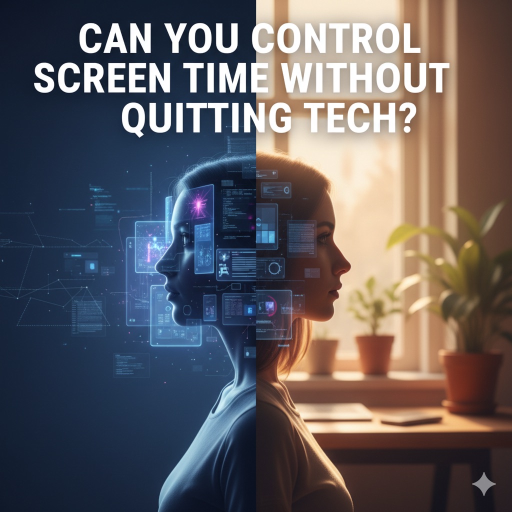 Minimalist graphic of a person split between glowing digital screens and natural light, symbolising screen time balance.