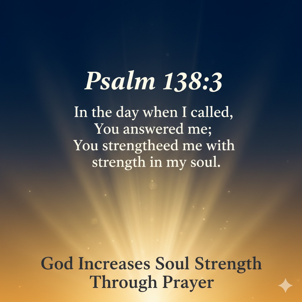Biblical verse Psalm 138:3 displayed on gradient background representing divine response to prayer and inner strengthening