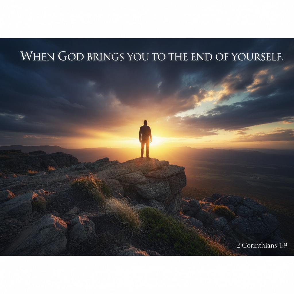 Silhouette of person standing at cliff edge as sunrise breaks through dark storm clouds symbolising hope