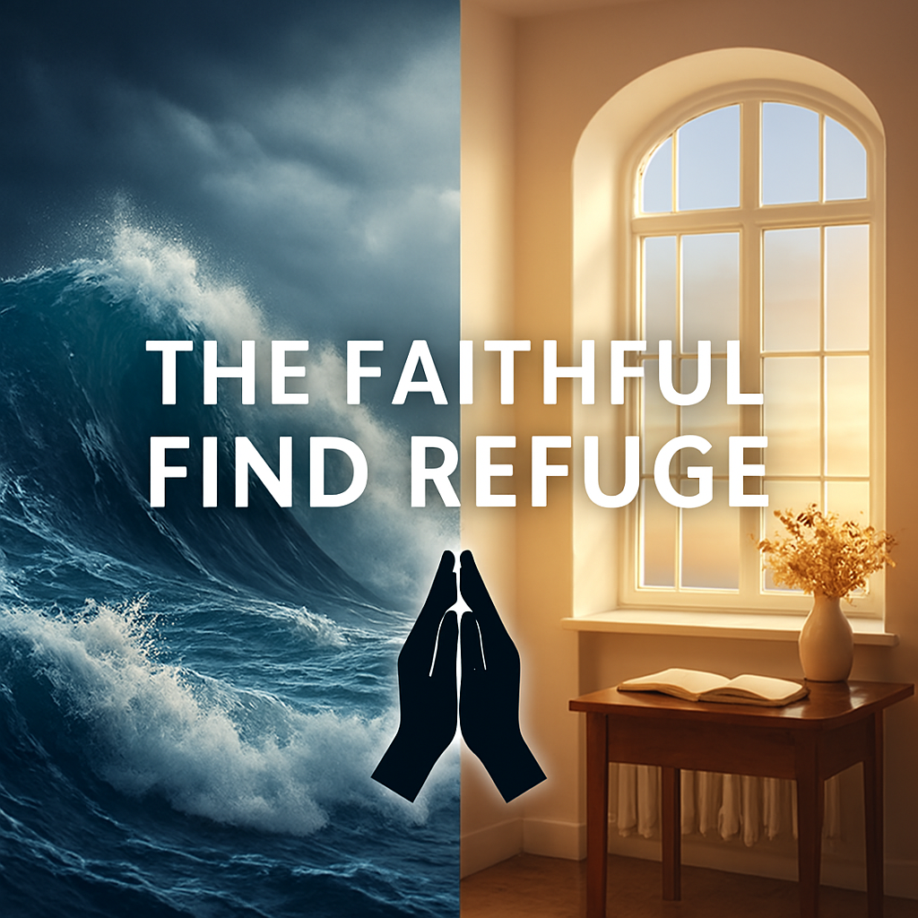 Divided image contrasting stormy waves with peaceful refuge and a prayer hands silhouette