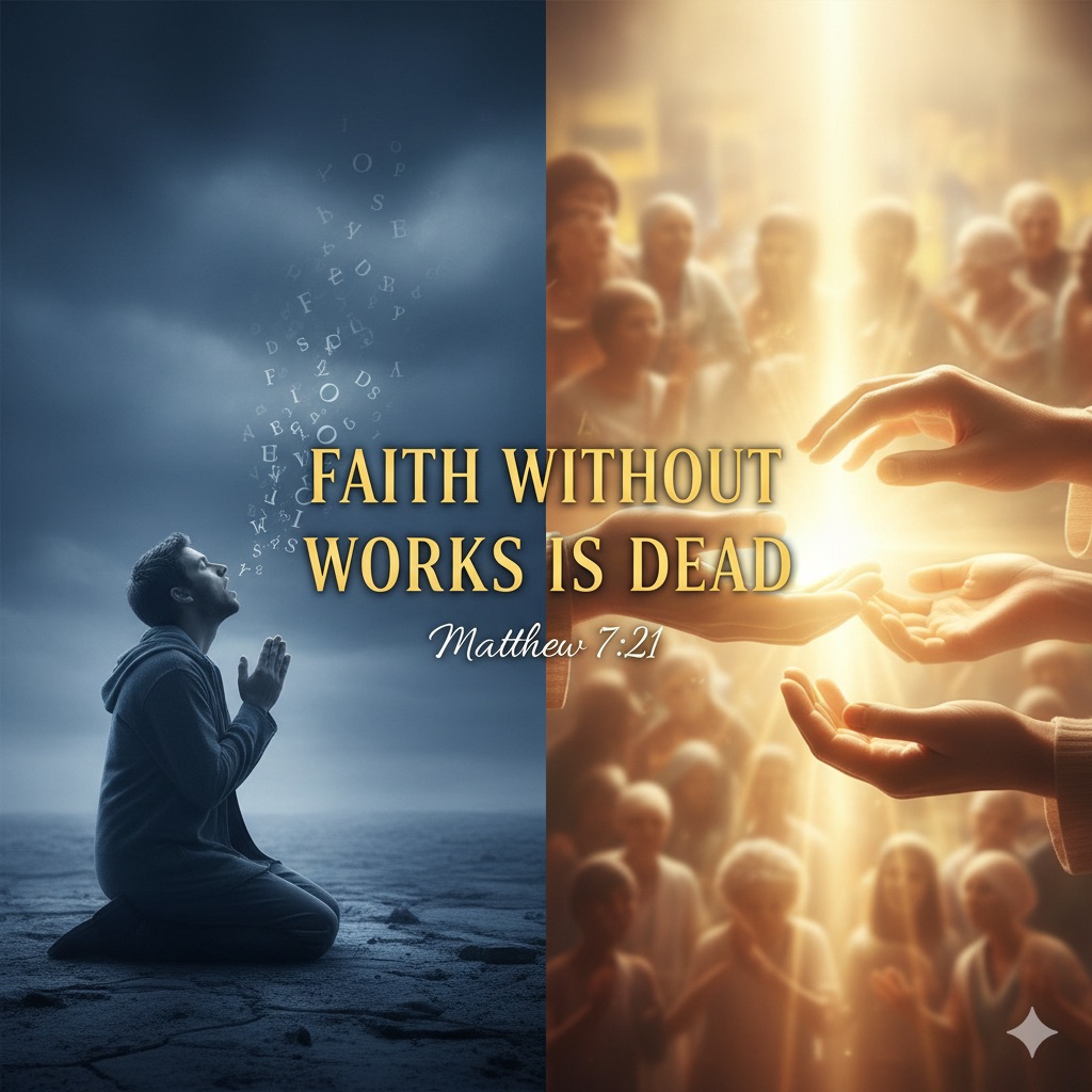 Split image comparing empty prayers with serving hands illustrating Matthew 7:21 message about authentic faith