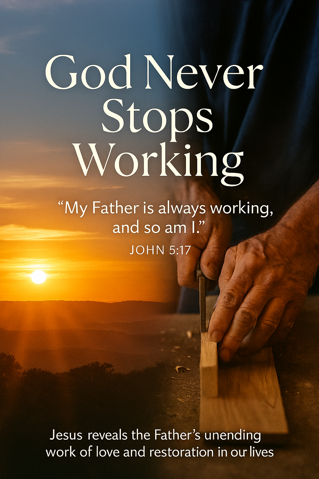 Biblical verse John 5:17 with sunrise imagery representing God’s ongoing work and eternal purpose