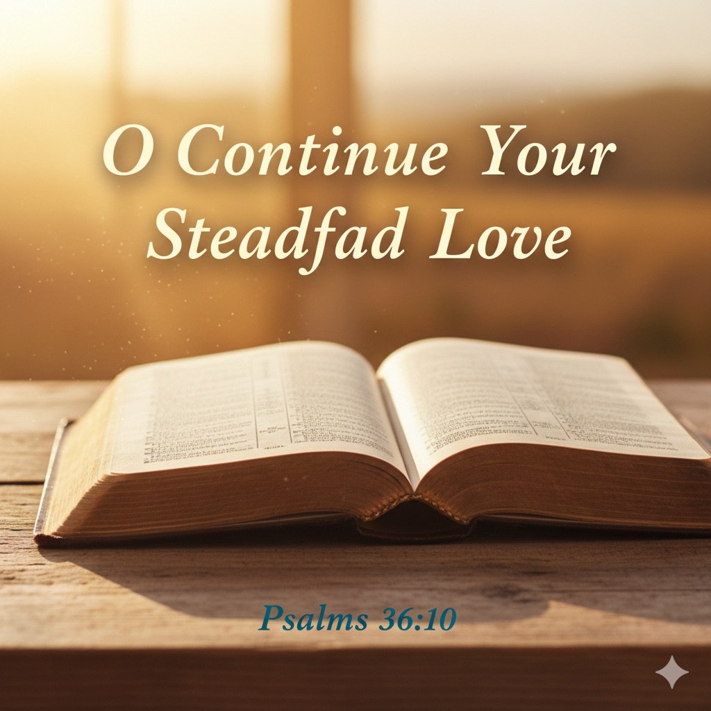 Open Bible illuminated by golden morning light with Psalms 36:10 verse overlay on warm background