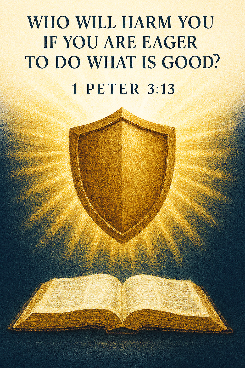 Shield symbol with light rays and Bible verse 1 Peter 3:13 asking who will harm you if eager to do good