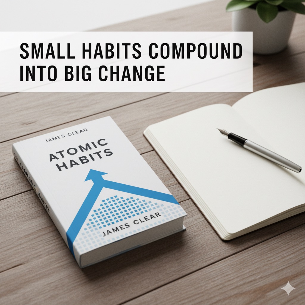 Atomic Habits book with notebook and pen emphasising small daily habits.