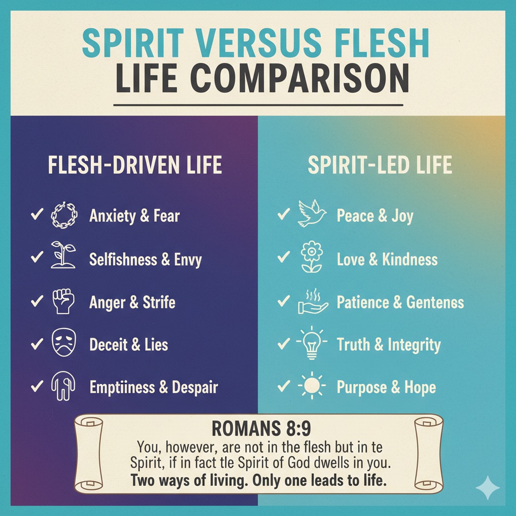 Graphic contrasting life in the flesh with life in the Spirit based on Romans 8:9