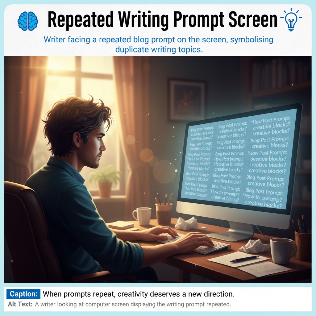 A writer looking at a computer screen displaying the same writing prompt repeated.