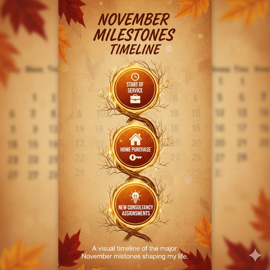 Vertical timeline showing career start, home purchase, and consulting assignments in November.