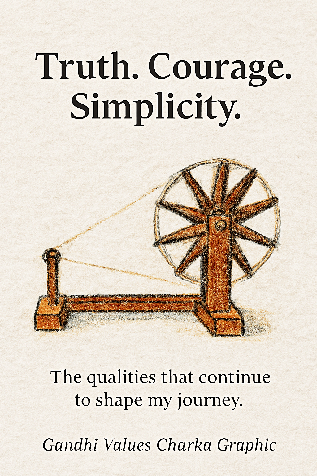 Charkha artwork with text on truth, courage, and simplicity inspired by Gandhi.