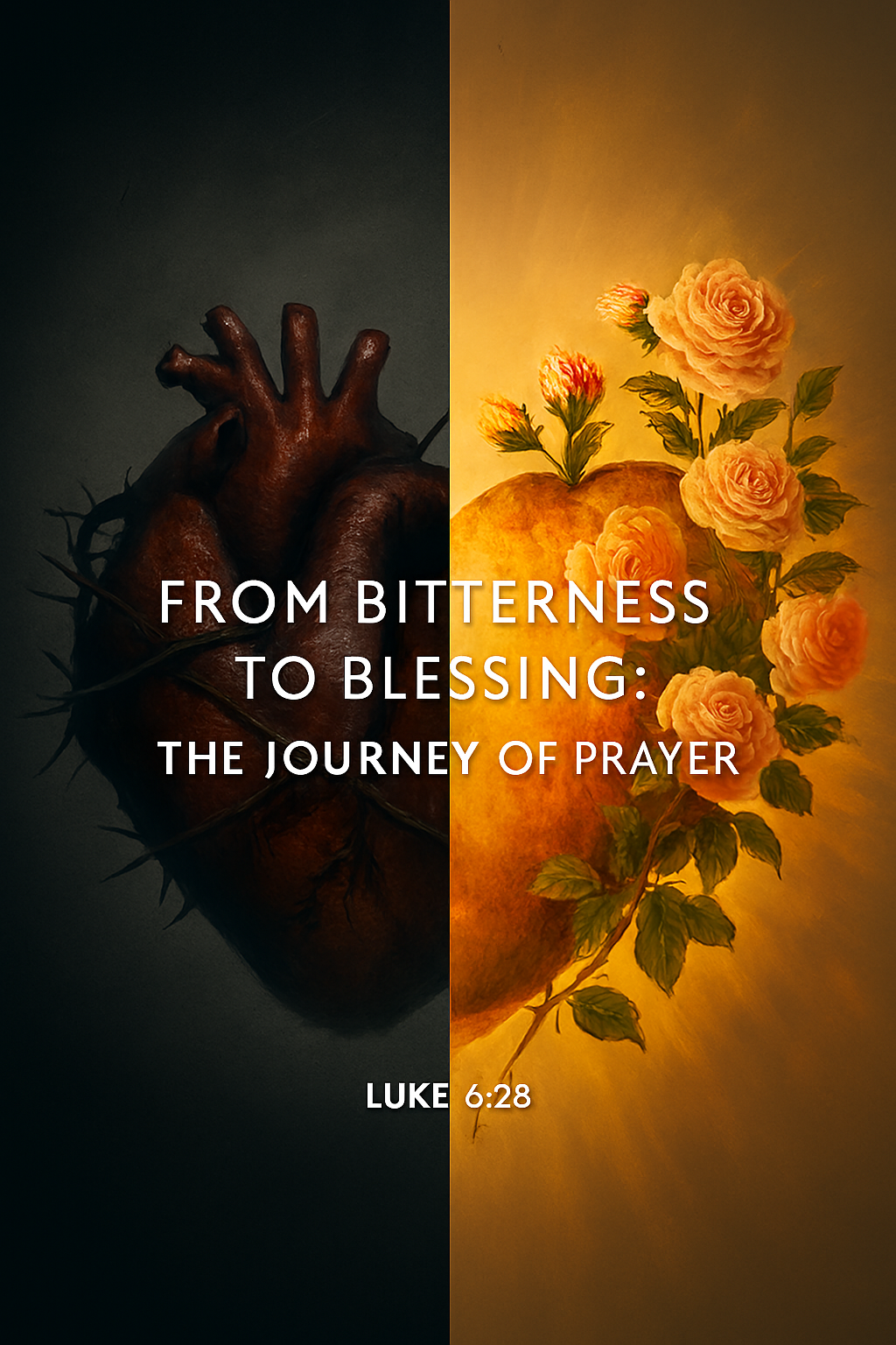 Divided image showing thorned heart transforming into blooming heart illustrating spiritual change through forgiveness and prayer