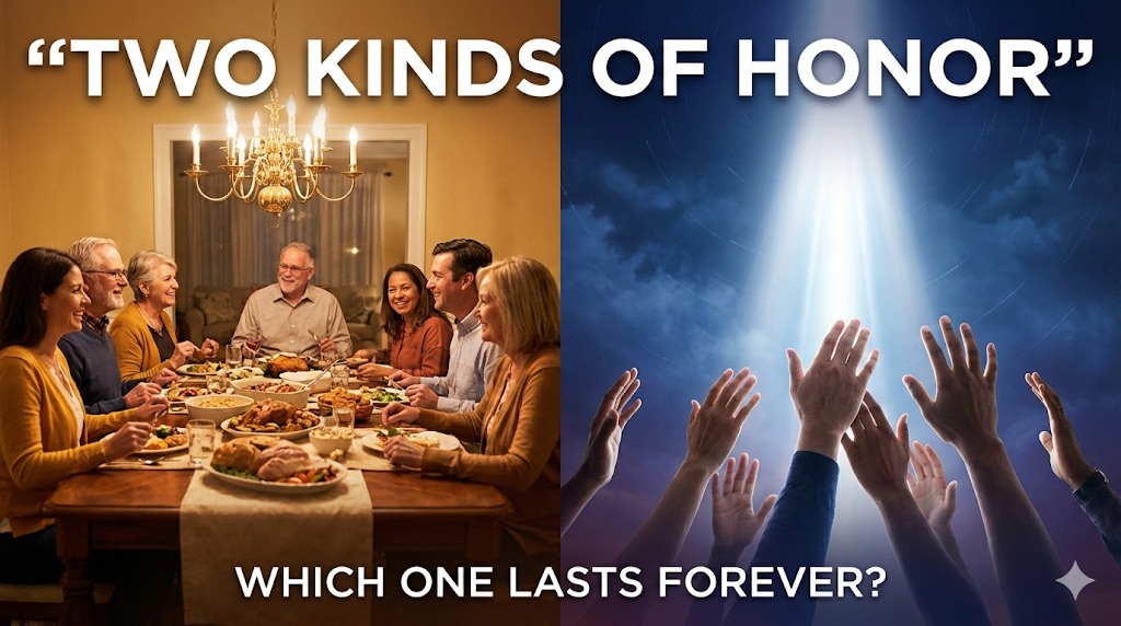 Split image showing a family gathering and worshipful hands raised toward heaven with text about honour