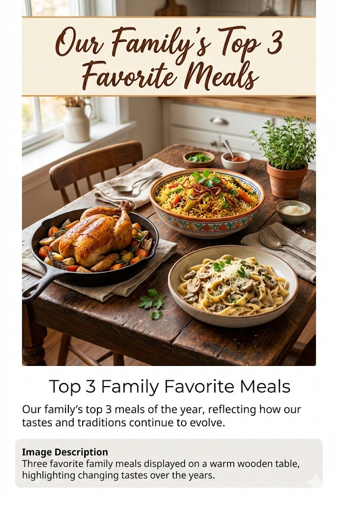 Overhead view of three family favourite meals—chicken roast, vegetable biriyani, and mushroom pasta on a kitchen table.