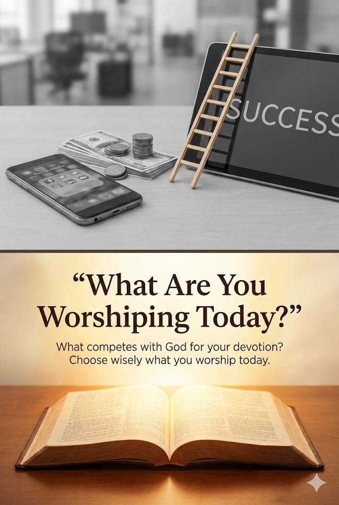 Split image showing modern life symbols in grayscale above glowing open Bible with text about worship