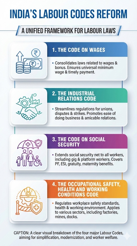 Vertical infographic showing India’s four Labour Codes with simple sector icons.